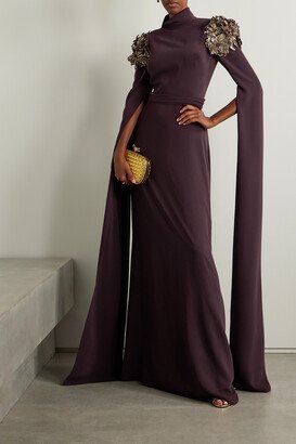 Belted Appliquéd Crepe Gown - Purple