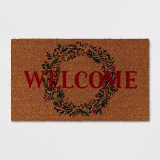 1'6x2'6 'Welcome' Wreath Flocked Coir Christmas Doormat Red/Green - Wondershop™