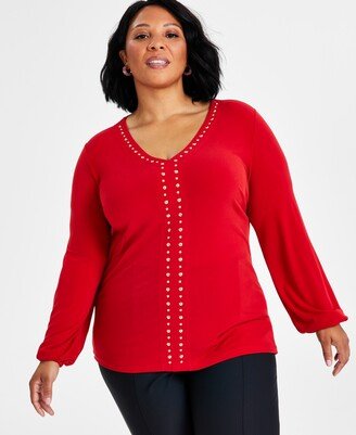 Plus Size Studded V-Neck Blouson-Sleeve Top, Created for Macy's