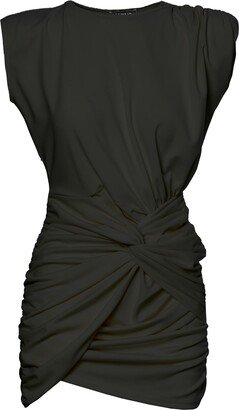 Bluzat Women's Mini Black Dress With One Draped Shoulders And Pleats