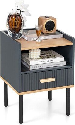 Nightstand Bedside End Table with Drawer & Open Shelf for Living Room Bedroom Grey