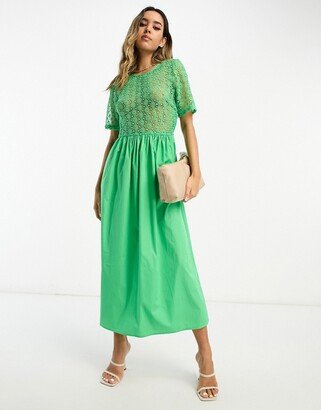 broderie cotton poplin midaxi dress in green