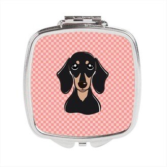 BB1215SCM Checkerboard Pink Smooth Black And Tan Dachshund Compact Mirror, 2.75 x 3 x .3 In.