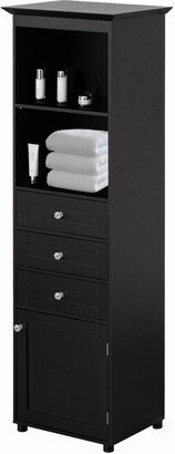 Tall Freestanding Storage Organizer Linen Tower, Vanity Closet, Bathroom Cabinet with 2 Open shelves, 3 Drawers, and a Closet