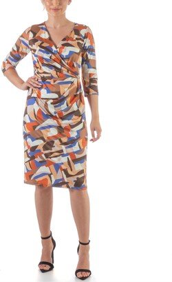 24seven Comfort Apparel Women's Faux Wrap Knee Length Cocktail Dress - Orange, Blue Multi