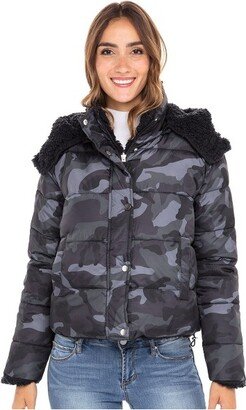 Collection Women' Puffer Jacket Reverible to Cozy Faux Fur with Hood Camo Black Large