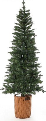 LuxenHome 6.5' Pre-Lit LED Artificial Slim Fir Christmas Tree with Pot Green