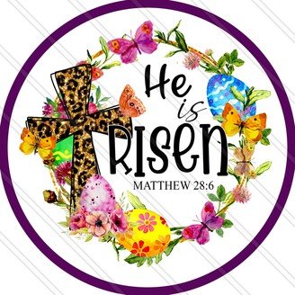 He Is Risen Sign - Leopard Cross Flowers & Butterflies Christian Wreath Religious Metal