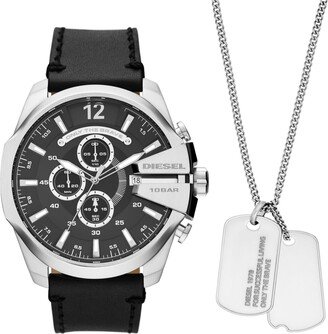 Men's Mega Chief Chronograph Black Leather Watch And Necklace Set 51mm - Black, Silvertone