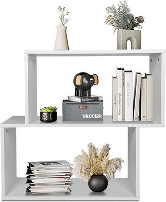 Tangkula 2-tier Wood Bookcase Modern S Shaped Storage Display Rack for Home & Office