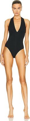 Stretch One Piece V Neck Swimsuit in Black