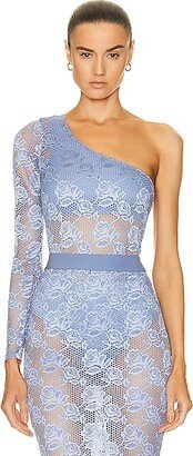 Rosalia Lace One Shoulder Bodysuit In Denim in Baby Blue