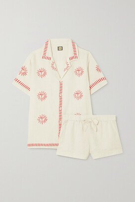 Net Sustain Embroidered Linen Pajama Set - Cream