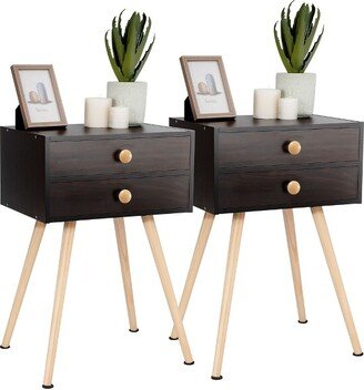 2 PCS Mid Century Modern 2 Drawers Nightstand Sofa Side Table End Table Espresso