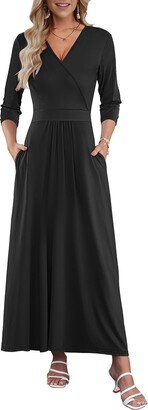 WNEEDU Women's 3/4 Sleeve V Neck Maxi Dress Casual Long Dresses with Pockets Black