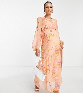 Hope & Ivy Maternity cut-out balloon sleeve maxi dress in peach and ochre floral