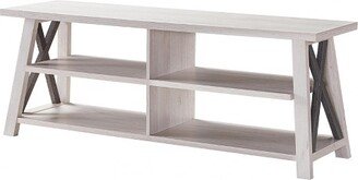 60W Two-Toned TV Stand with Four Open Shelves and X Desing on Base in White Oak & Distressed Grey Finish