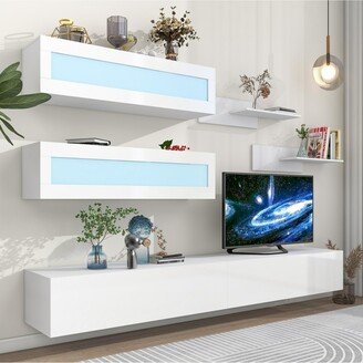 Simplie Fun On-trend Wall Mount Floating Tv Stand with Four Media Storage Cabinets and Two Shelves, Modern High Gloss Entertainment Center for 95+ Inch Tv, 16-col