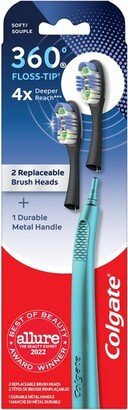 360 Floss Tip Toothbrush with Metal Handle and 2 Replaceable Brush Heads - Blue