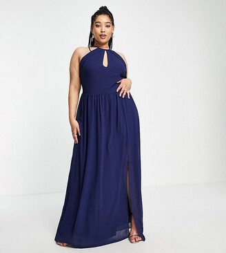 TFNC Plus Bridesmaid strappy back halter neck dress in navy