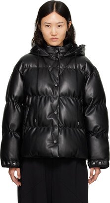 Black Press-Stud Faux-Leather Puffer Jacket