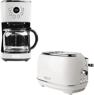 12 Cup Programmable Coffee Maker with Brew Strength Control with Heritage 2 Slice Wide Slot Stainless Steel Bread Toaster, White