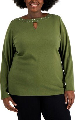 Plus Size Cotton Rhinestone-Embellished Keyhole-Cutout Top, Created for Macy's