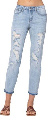 Judy Blue Destroyed Mid Rise Boyfriend Jean In Light Wash