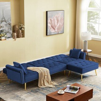 IGEMAN Modern Velvet Upholstered Sectional Sofa Bed, L-Shaped Reversible 3-Seat Couch with Movable Ottoman & Nailhead Trim-AB