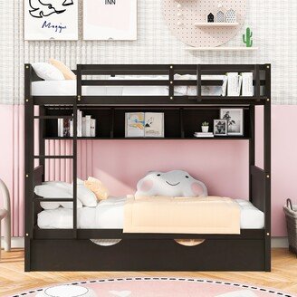 EDWINRAY Twin-Over-Twin Wooden Playhouse Bunk Bed with Twin Trundle, Separable Bunk Bed with Bookshelf, Espresso