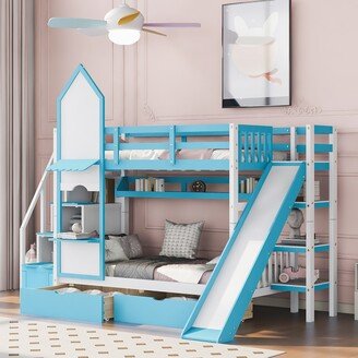 NINEDIN Twin Over Twin Castle Style Bunk Bed w/2 Drawers and 3 Shelves,Wood Bunk Bed Frame with Slide and Storage Staircase for Kid,Blue