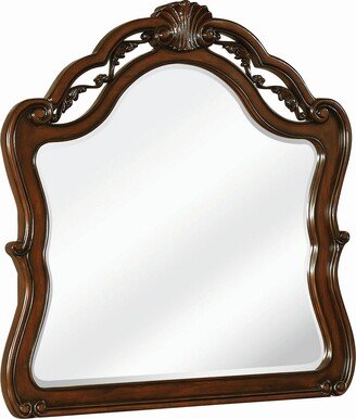 Bombe Wooden Frame Mirror with Crown Top and Carvings, Dark Brown