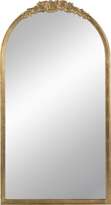 52 Inch Floor Mirror with Carved Floral Crest, Fir Wood Frame, Gold