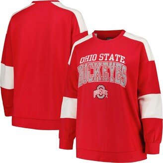 Women's Scarlet Ohio State Buckeyes Plus Size Striped Pullover Sweatshirt