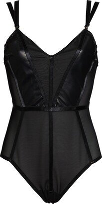 Mia Leather & Mesh Bodysuit With Open Back