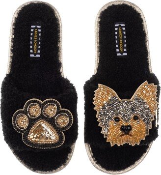 Laines London Teddy Towelling Slipper Sliders With Minnie Yorkie & Paw Brooches - Black