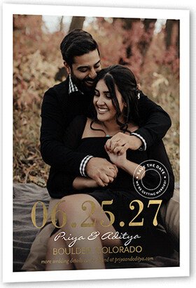 Save The Date Cards: Stamped Day Save The Date, Gold Foil, White, 5X7, Matte, Personalized Foil Cardstock, Square