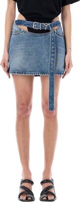 Y Belt Cut-Out Mini Denim Skirt