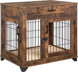 unipaws Dog Crate End Table with Drawer, Double Doors and Cushion