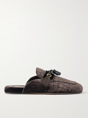 Stephen Tasselled Leather-Trimmed Croc-Effect Velvet Slippers