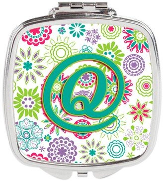 CJ2011-QSCM Letter Q Flowers Pink Teal Green Initial Compact Mirror