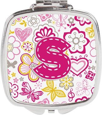 CJ2005-SSCM Letter S Flowers & Butterflies Pink Compact Mirror