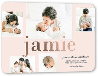 Birth Announcements: Glimmering Moniker Birth Announcement, Rose Gold Foil, Pink, 5X7, Matte, Personalized Foil Cardstock, Rounded