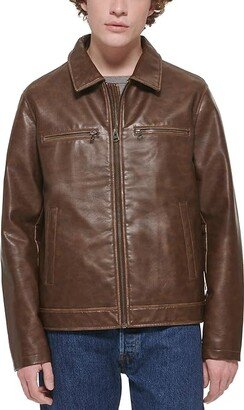 Faux Leather Jacket w/ Laydown Collar (Saddle) Men's Jacket