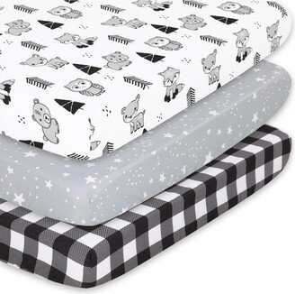 The Pack n Play, Mini Crib, Portable Crib or Fitted Playard Sheets for Baby Boy or Girl, 3 Pack Set, Gray, Black and White Woodland