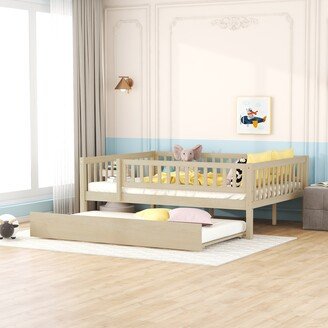 GREATPLANINC Sturdy Daybed with Trundle & Fence Guardrails for Kids, Solid Pine Wood Platform Sofa Bedframe for Maximized Space & Comfort