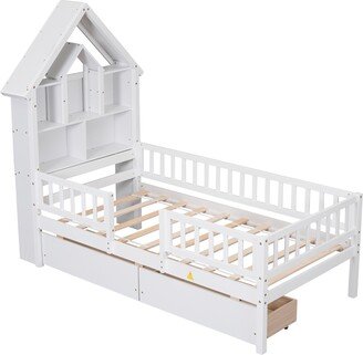 Twin Size House-Shaped Headboard Bed with Fence Guardrails and Drawers