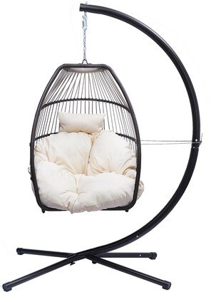 Patio Wicker Folding Hanging Chair,Rattan Swing Hammock Egg Chair With C Type Bracket-AB