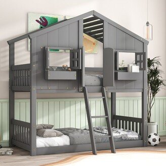 Twin over Twin Wood House Bunk Bed with Roof , Window, Safety Guardrails and Ladder, Gray