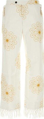 Embroidered Fringed Straight-Leg Trousers